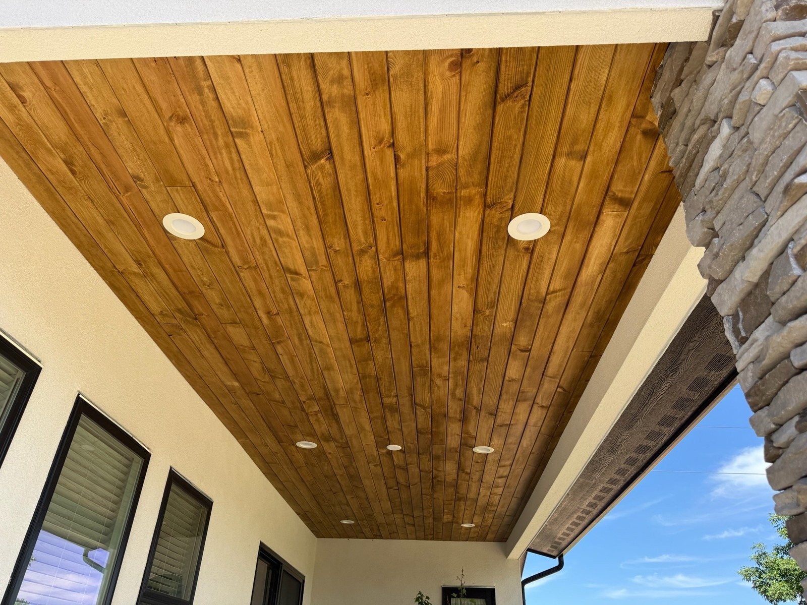 Stained cedar porch ceiling in Loveland